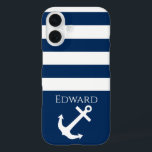 Coque Pour iPhone 16 Ancre et rayures minimalistes Nautiques<br><div class="desc">Bandes minimalistes & design Ancre Personnalisez votre nom (ou supprimez tout le texte !) et la couleur arrière - plan (en bleu),  ajoutez vos propres images,  etc... c'est à vous de décider,  c'est un modèle ! :) Consultez le magasin pour trouver les articles correspondants.</div>