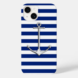 Coque Pour iPhone 14 Ancre fine de style Chrome sur bandes bleues