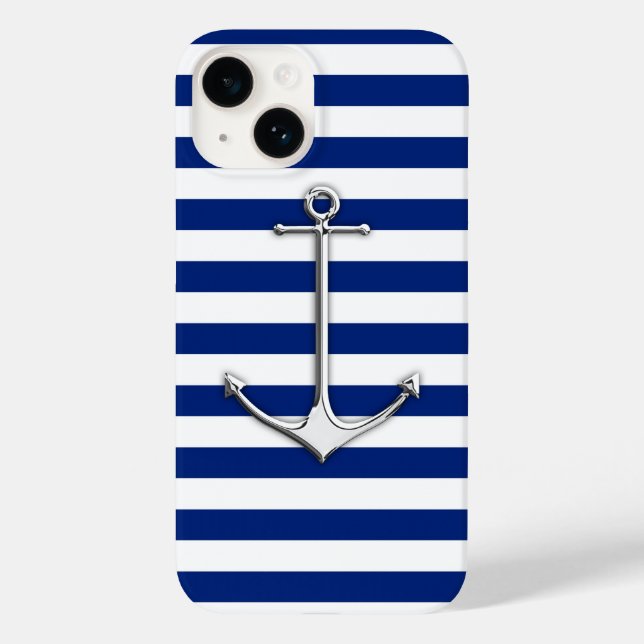 Coques Case-Mate iPhone Ancre fine de style Chrome sur bandes bleues (Verso)
