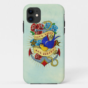 Coque iPhone 11 Ancre, hirondelle et roses