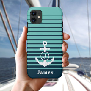Case-Mate iPhone Case Ancre marine Monogramme à rayures bleues