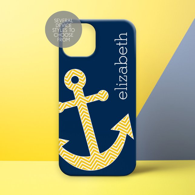 Coques Case-Mate iPhone Ancre nautique avec Motif de Navy Jaune Chevron (Personalized Phone Case - Nautical Anchor)