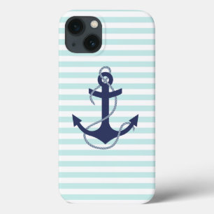 Coque Case-Mate iPhone Ancre nautique de bleu marine d'Aqua et de rayures