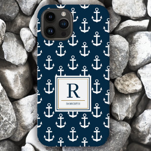 Coque Case-Mate iPhone Ancre nautique Marine Marine Motif bleu Monogramme