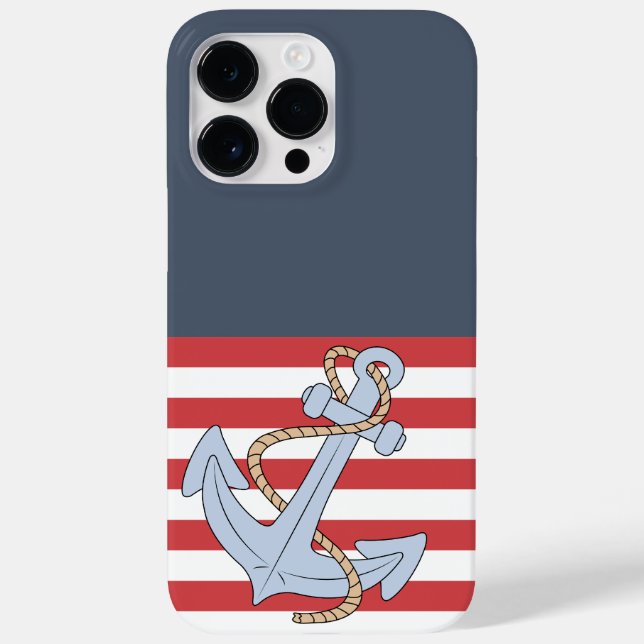 Coques Case-Mate iPhone Ancre nautique moderne rayé Bleu et rouge mignon (Verso)