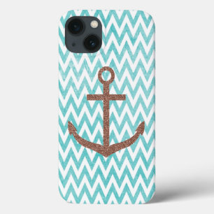 iPhone 13 Coque Ancre Parties scintillant Aqua et White Chevron