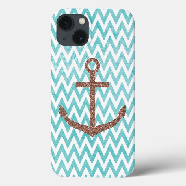 Coques Case-Mate iPhone Ancre Parties scintillant Aqua et White Chevron (Verso)