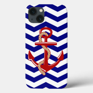 Etui iPhone 13 Ancre rouge Chevron Nautical Stripes