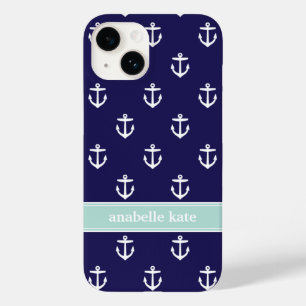 Coques Pour iPhone Ancres bleu marine et menthe monogramme