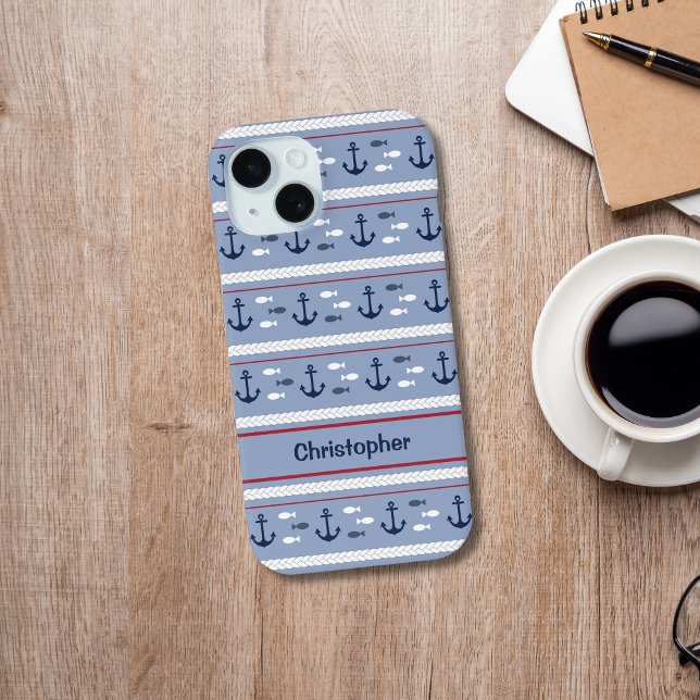Coques Case-Mate iPhone Ancres nautiques bleues blanches personnalisées (Nautical Blue Red White Anchors Ships Sailing Boating Monogrammed iPhone Case)