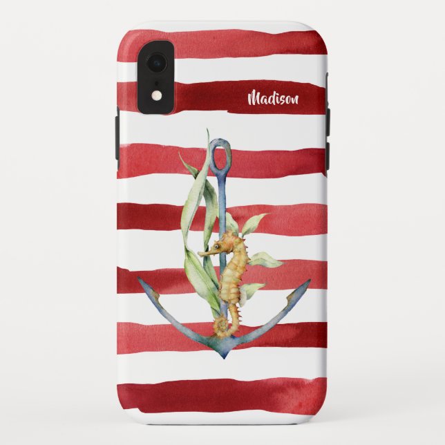 Coques Case-Mate iPhone Ancres nautiques Cheval de mer et Red Stripes avec (Dos)