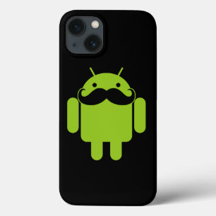iPhone 13 Coque Android Robot Moustache sur Fond Noir