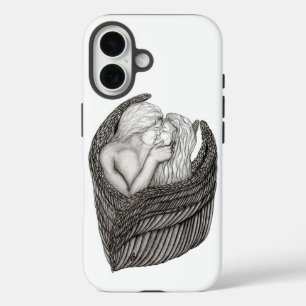 Coque Pour iPhone 16 Angels Kissing, noir et blanc Design