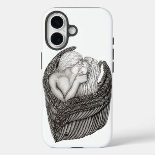 Coque Pour iPhone 16 Angels Kissing, noir et blanc Design