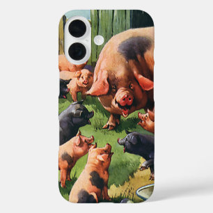 Coque Pour iPhone 16 Animaux de ferme vintages, Cochon avec de mignons