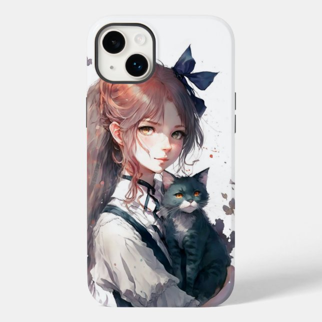 Coques Case-Mate iPhone Anime Girl tenant son chat Aquarelle Portrait (Verso)