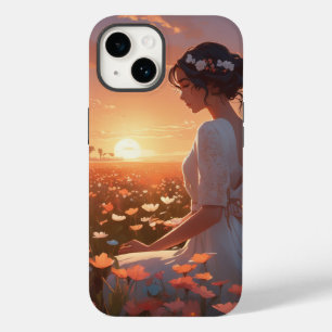 Coque Case-Mate iPhone Animée fille en blanc assise dans un champ de fleu