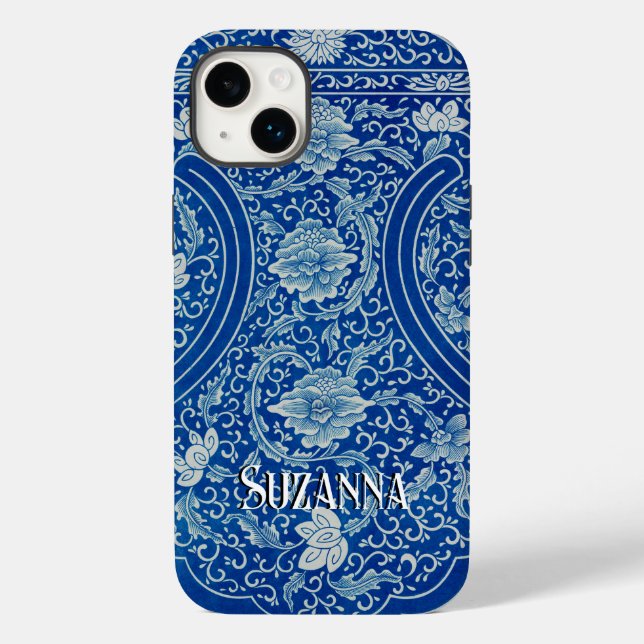 Coques Case-Mate iPhone Antique chinois Floral Cobalt Blue Motif Nom (Verso)