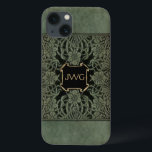 Etui iPhone Case-Mate Antique couverture de livre en cuir orné monogramm<br><div class="desc">Art richement orné de couverture florale de l'édition 1898 des Roses et Lilies de Longfellow dans les tons patiné vert olive profond et noir. Note : Les effets sculptés,  gravés,  gaufrés et dimensionnels,  l'apparence stratifiée,  texturée et ombragée numériquement. Le produit réel a une surface plane.</div>