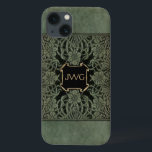 Etui iPhone Case-Mate Antique couverture de livre en cuir orné monogramm<br><div class="desc">Art richement orné de couverture florale de l'édition 1898 des Roses et Lilies de Longfellow dans les tons patiné vert olive profond et noir. Note : Les effets sculptés,  gravés,  gaufrés et dimensionnels,  l'apparence stratifiée,  texturée et ombragée numériquement. Le produit réel a une surface plane.</div>
