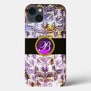 Coque Case-Mate iPhone ANTIQUE DAMASK Violet Améthyste Monogramme noir