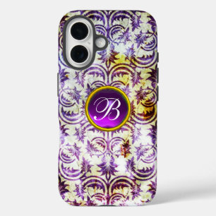 Coque Pour iPhone 16 ANTIQUE DAMASK Violet Améthyste Monogramme noir