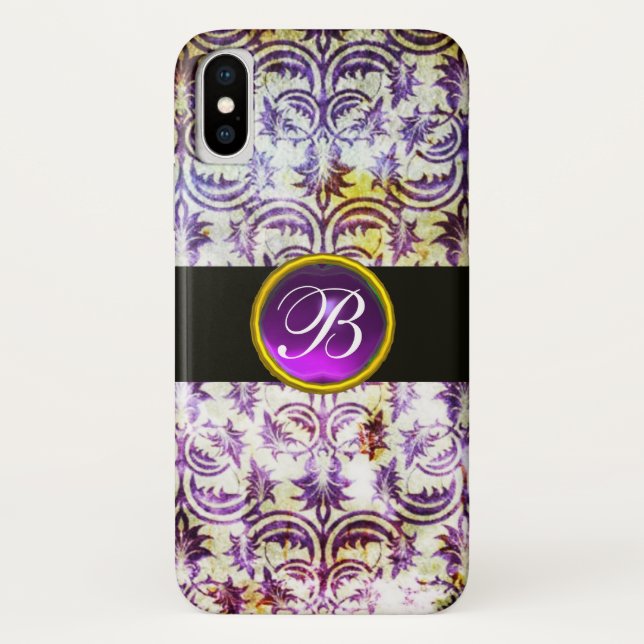 Coques Case-Mate iPhone ANTIQUE DAMASK Violet Améthyste Monogramme noir (Dos)