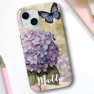 Coque Case-Mate iPhone Antique Hydrangea & Butterfly Blue Nom personnalis