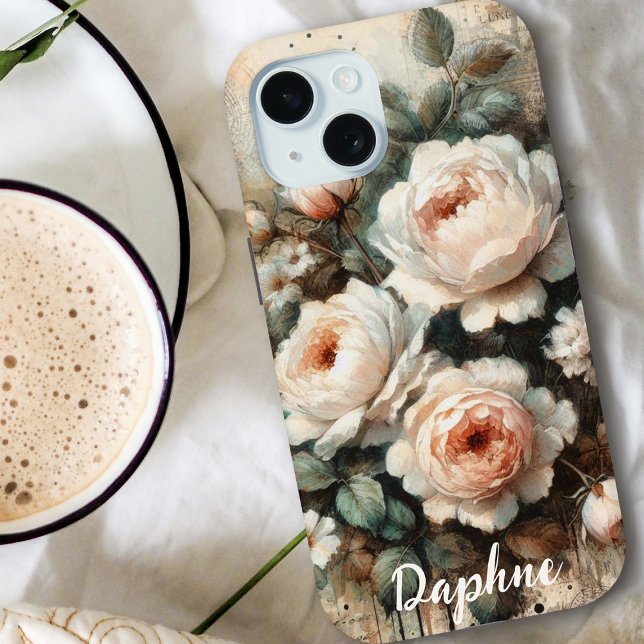 Coques Case-Mate iPhone Antique Shabby Chic Pale Rose Peony Nom personnali (Créateur téléchargé)