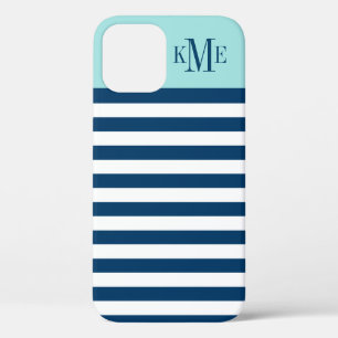 Coque iPhone 12 Aqua Blue Navy Stripes Personnalisées Monogramme