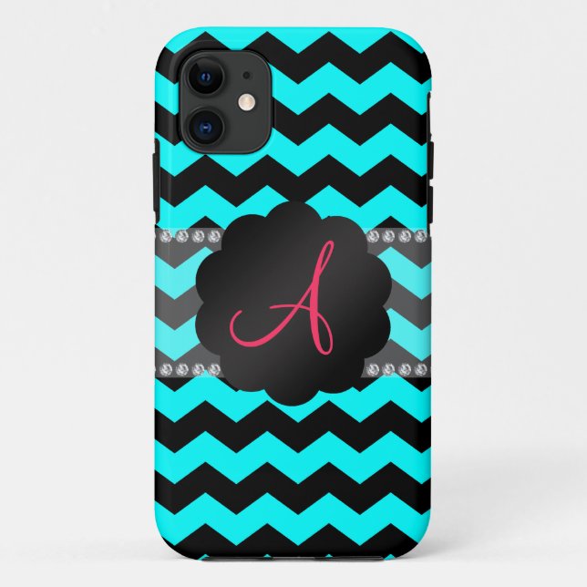Coques Case-Mate iPhone Aqua clair monogramme et chevrons noirs (Dos)
