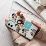 Coque Case-Mate iPhone Aqua Colorblock Photo Collage & Monogramme<br><div class="desc">Le boîtier de téléphone de collage photo chic présente cinq de vos photos préférées dans un plan quadrillé avec des carrés d'aqua turquoise contrastés. Personnalisez avec votre monogramme initial unique en lettres blanches classiques.</div>