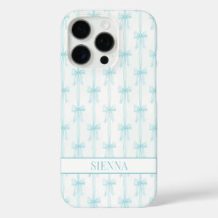 Coque iPhone 16 Pro Aqua Coquette Nœuds Rayé Monogrammé
