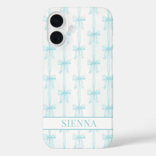 Coque Pour iPhone 16 Aqua Coquette Nœuds Rayé Monogrammé