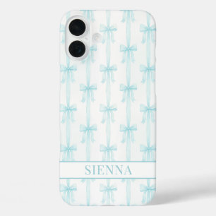 Coque Pour iPhone 16 Plus Aqua Coquette Nœuds Rayé Monogrammé
