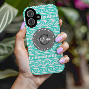 Coques iPhone 16 Aqua et Charcoal Aztec Chevron Monogramme personna