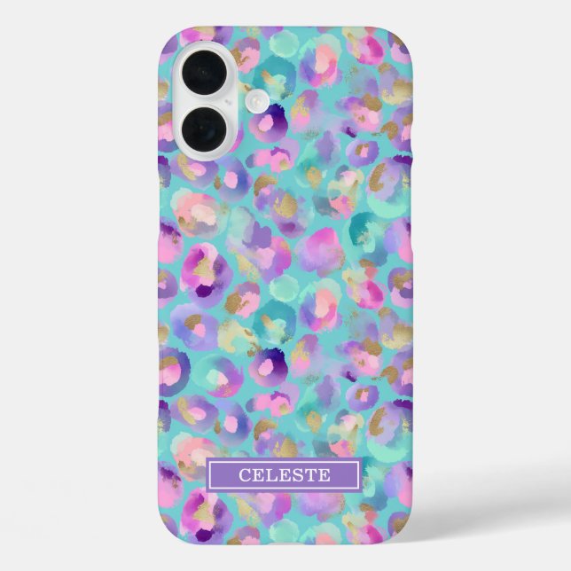 Coques Case-Mate iPhone Aqua Iridescent Leopard Print Monogrammed (Verso)
