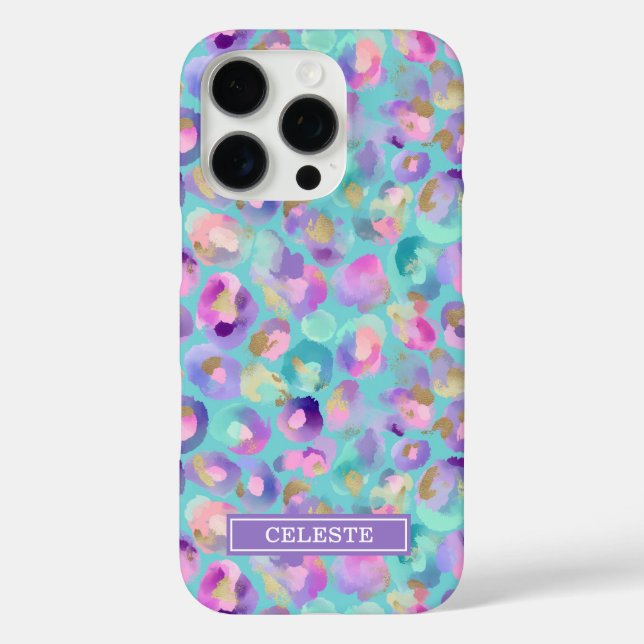 Coques Case-Mate iPhone Aqua Iridescent Leopard Print Monogrammed (Verso)