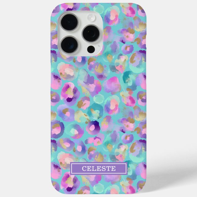 Coques Case-Mate iPhone Aqua Iridescent Leopard Print Monogrammed (Verso)