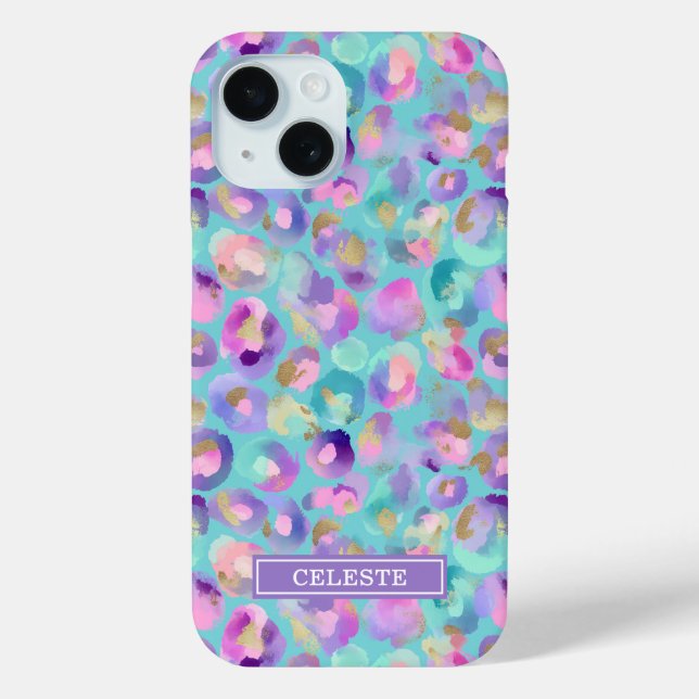 Coques Case-Mate iPhone Aqua Iridescent Leopard Print Monogrammed (Verso)