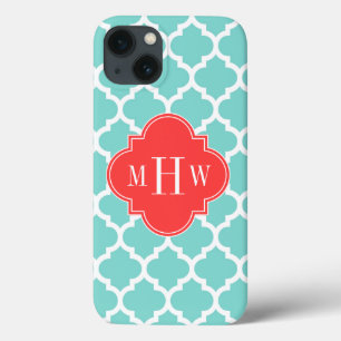 Etui iPhone 13 Aqua Marocain #5 Coral Rouge 3 Monogramme initial