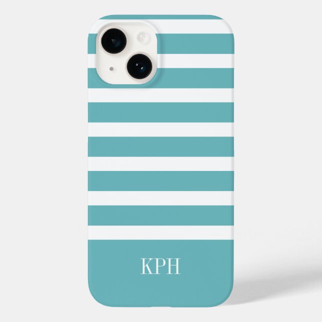 Coques Case-Mate iPhone Aqua moderne Bleu et Blancs avec Monogramme (Verso)