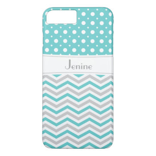 Coque iPhone 8 Plus/7 Plus Aqua moderne, gris, chevron blanc & poka point