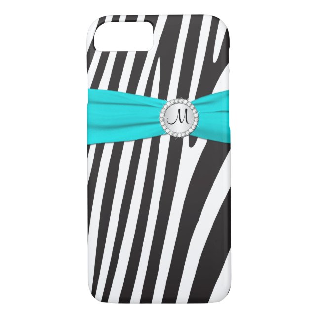 Coques Case-Mate iPhone Aqua monogramme, Noir, Zèbre blanc rayé (Dos)