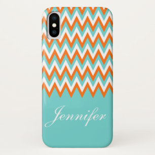 Coques Pour iPhone Aqua personnalisé Chevron orange blanc bleu