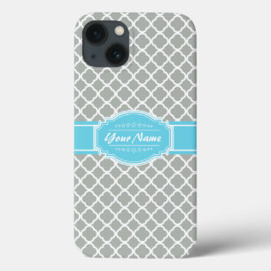 Etui iPhone 13 Aqua personnalisé et Quatrefoil marocain gris arge