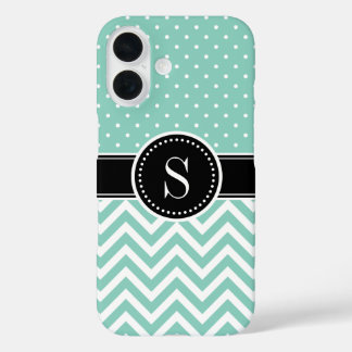 Coques iPhone 16 Aqua Polka Dot et Chevron Monogram