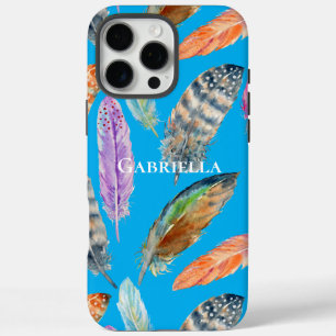 Coque iPhone 16 Pro Max Aqua Purple Blue Orange Feathers