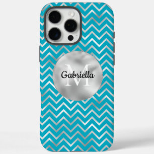 Coque iPhone 16 Pro Max Aqua Silver Zigzag Stripes Monogramme
