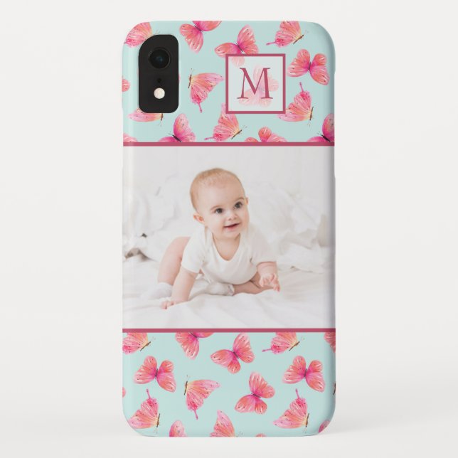 Coques Case-Mate iPhone Aqua Watercolor Butterfly Monogram Photo (Dos)